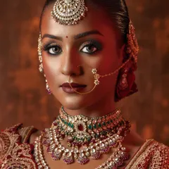 An intense and captivating close-up on a deep-skinned model, showcasing a flawless makeup application and the intricate details of traditional bridal jewelry.