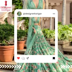A light and airy floral lehenga in a beautiful sea-green shade. The pleated skirt creates wonderful movement, making it an ideal outfit for a Sangeet performance or a summer wedding.
