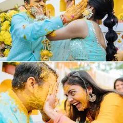A playful moment between friends as the bride and groom get lovingly smeared with turmeric paste during their Udaipur Haldi.