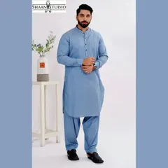Our made-to-measure Pathani suit shown here in a versatile powder blue. This outfit is perfect for daytime events or religious ceremonies, offering both comfort and style with a guaranteed perfect fit.