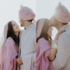 A diptych showing the couple's soft romance in pastel pink attire. The top frame captures a sweet glance, while the bottom frame shows a tender forehead kiss, telling a story of gentle love.
