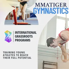 We are committed to developing young athletes through our international grassroots programs. This graphic shows gymnasts on the rings and vault, highlighting our focus on training for full potential.