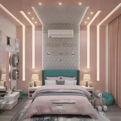 This girl's bedroom uses a soft pink and grey palette with vertical light strips for a modern touch. The design is chic and youthful, with a cozy bed and a small vanity area.