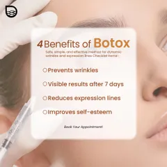This visual lists the key benefits of Botox. It is a safe and effective method for preventing wrinkles, reducing expression lines, and improving self-esteem, with visible results appearing within a week.