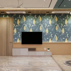 The TV wall in the kids' room continues the playful woodland theme. The low console is designed at a child-friendly height, ensuring safety and accessibility.