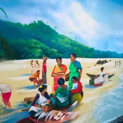 This part of the mural shows the women of the Koli community on the beach, selling fish and talking. It’s these everyday scenes that I love to capture in my art.