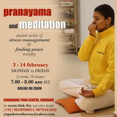 This poster announces our online pranayama and meditation course. Learn the ancient secrets of stress management and find peace every day through these powerful practices.