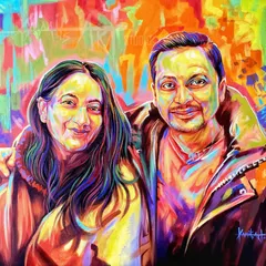 This custom painting of a 'Pahadi' couple was created with bright acrylics on canvas to reflect their joyful spirit against a colorful, abstract background.