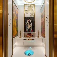 A testament to our love for creating divine spaces, this modern Shrinathji mandir is a masterpiece of tradition and innovation. It features authentic artwork, custom lighting, and a unique automated fountain, making it the spiritual heart of the home.