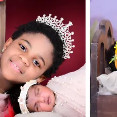 A princess and her new little sister. This adorable themed portrait captures the magic of sisterhood from the very beginning, with the older sister wearing a crown as she watches over the baby.