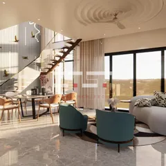A 3D render of a double-height living and dining space at our Dwarkadhish Enclave site. The design uses natural light from large windows to illuminate the open-plan area. A floating staircase and minimalist furniture create a sense of modern, airy luxury.