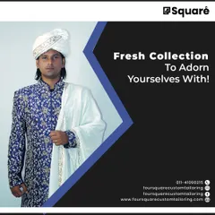 Our fresh collection includes striking designs like this royal blue sherwani with intricate silver floral embroidery. Paired with a traditional white turban and shawl, it is a perfect choice for a vibrant wedding ceremony or reception.