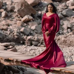 A closer look at the elegant V-neckline and bishop sleeves of the custom wine-red satin gown. Every detail is designed to flatter and create a glamorous look.