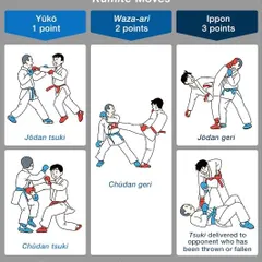 Understand how to win. This chart explains the scoring for kumite, from a one-point Yūkō to a three-point Ippon.