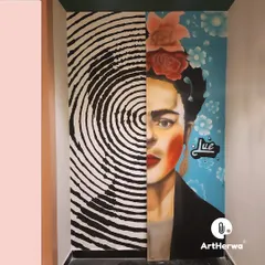 A unique and conceptual portrait of Frida Kahlo merged with a fingerprint design. This piece, painted in Moradabad, is a powerful statement about identity and artistry.