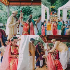 A collage of key moments from a traditional Kannada wedding ceremony. From the bride's entry to the exchange of garlands, each ritual is a beautiful part of the story.