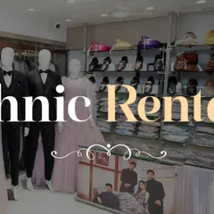 A view from inside the store, showing mannequins dressed in a tuxedo and a gown. I offer complete rental solutions for both men and women for any formal occasion.