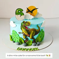 Small cakes, big joy! This dino-mite cake is a perfect example of a smaller, single-tier cake that's still packed with personality and flavor for a more intimate celebration.