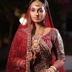 A full portrait of Laxmi's stunning Gujarati bridal look. The makeup was carefully balanced to enhance her features without overpowering her magnificent jewellery and embroidered lehenga.