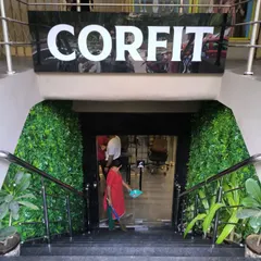 The entrance to Corfit gym in Vikaspuri now has a fresh and energetic vibe. I framed the entryway with a lush artificial green wall to welcome members.