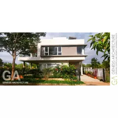 Another perspective of the contemporary villa, showing how the surrounding landscape and garden become an essential part of the home's identity. This sustainable design ensures the home feels connected to its natural environment.