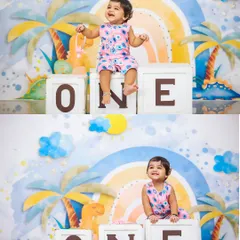 Pure joy and excitement for turning one. This collage shows the birthday girl's delightful expressions during her dinosaur-themed first birthday photoshoot.