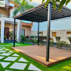 A perspective shot showing the pergola as a welcoming feature at the front of the house.