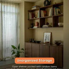Unorganized open shelves can make a room look chaotic. I suggest using closed cabinets or stylish baskets to keep your living room tidy and visually calm.
