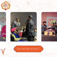 This collage shows different moments from our stage show at Meerut Mahotsav. You can see us interacting with the audience, bringing volunteers on stage, and creating a dynamic and engaging experience for a large crowd.