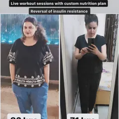 A 12 kg drop in 72 days, from 83 kgs to 71 kgs. This client reversed her insulin resistance through my functional course approach, which includes live workouts and a custom nutrition plan.