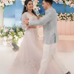 Yash and Sakshi share their first dance as an engaged couple. We created a dreamy atmosphere with low-lying fog and a backdrop of soft pastel florals, making their Roka ceremony feel truly magical.