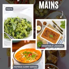 The Italian mains are all about comfort, featuring fresh pesto pasta, rich vegetable lasagna, and a unique paprika curry with herbed rice.