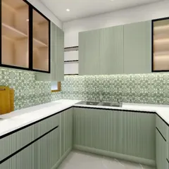 A full view of this charming yet modern U-shaped kitchen. The sage green fluted cabinets are paired with a vintage-inspired patterned backsplash and illuminated by under-cabinet lighting for a bright workspace.