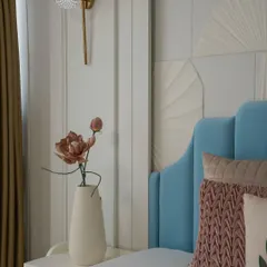 A close-up of the custom powder blue headboard and 3D MDF panels, showcasing the texture and depth that make this bedroom a minimalist yet elegant statement.
