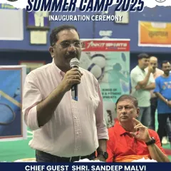 Chief Guest Shri. Sandeep Malvi, Additional Municipal Commissioner, addressing our young athletes at the camp's inauguration ceremony with words of encouragement and inspiration.