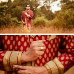 A portrait session with the groom in his traditional red sherwani. The top image captures his confident pose in a natural setting, while the bottom close-up focuses on the details of his ring and cuffs.