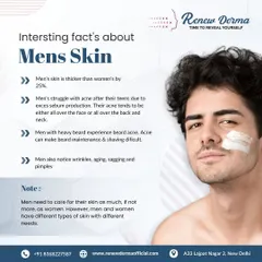 An educational graphic sharing interesting facts about men's skin. It's 25% thicker than women's and has different needs, which is why we offer specialized treatments to address common issues like acne, wrinkles, and sagging.