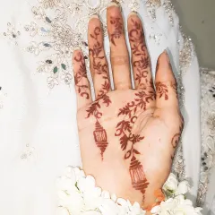 Getting ready for Eid celebrations with this special henna art. I incorporated delicate hanging lanterns into a simple vine design, creating a unique and festive look for the occasion.