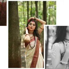 A collage from the Parvati series, showing different aspects of the look, from the traditional saree and body art to expressive poses in a natural, wooded environment.