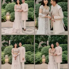 A collage of classic portraits of Tushar and Kanupriya from their Roka ceremony, set in a beautiful garden.
