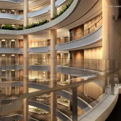 Another perspective of the grand atrium at Palais Royale, where curved balconies and structural columns create a mesmerizing pattern. The design emphasizes innovation and luxury, redefining the skyline of one of India’s most dynamic cities.