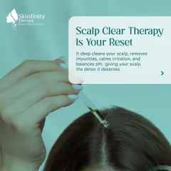 Our Scalp Clear Therapy is a reset for your head. It's a professional treatment that deep cleanses the scalp, removes impurities, calms irritation, and balances pH, giving your scalp the detox it deserves.