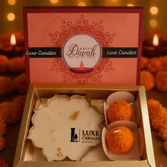 The Radiant Diwali Hamper, featuring a beautiful urli candle and two of my signature laddoo candles. It's a sweet and traditional gift, beautifully packaged for the festival of lights.