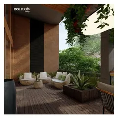 This render illustrates a comfortable and private seating area on a covered patio. The design uses modern wicker furniture, a wooden deck, and large planters to create a cozy outdoor lounge.