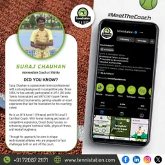 Meet Coach Suraj Chauhan, our Intermediate Coach at Vidisha. As an AITA Level 1 (Fitness) and Level 2 Certified Coach with a strong background in competitive play, he focuses on technical skills, fitness, and mental toughness.
