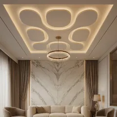 An example of a plus-minus false ceiling design with soft, rounded cutouts and ambient cove lighting. This approach creates a dynamic yet elegant look, suitable for a contemporary living room.