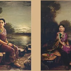 Recreating the mood and setting of a famous Raja Ravi Varma painting, "Lady by the River." This full-length portrait captures the elegance and grace of the original artwork.