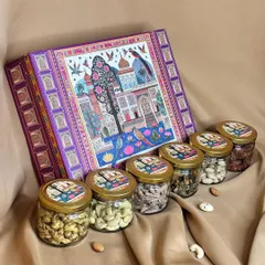 This 6-jar dry fruit hamper is one of my bestsellers. The ornate box with traditional Indian art makes a grand statement, perfect for your most valued clients and partners.