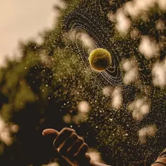 A perfectly timed action shot of a wet tennis ball spinning in the air, creating a spiral of water droplets that looks like the planet Saturn.