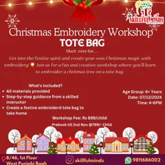 Getting into the festive spirit with our Christmas Embroidery Workshop. This beginner-friendly session teaches children aged 6 and up how to embroider a Christmas tree on a tote bag.